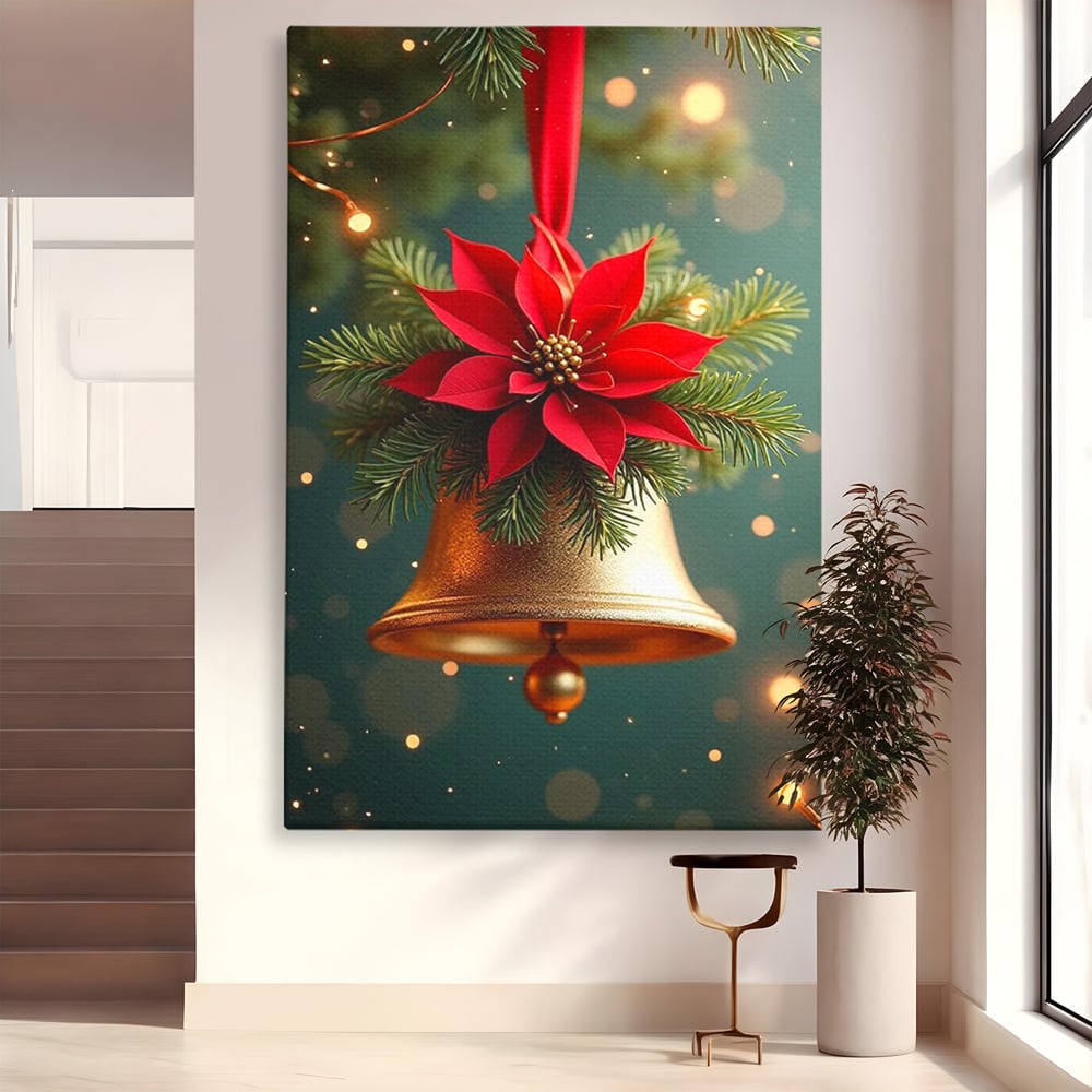 Tablou canvas cu tablou canvas cu clopotel si poinsettia, fara rama, pe sasiu de lemn